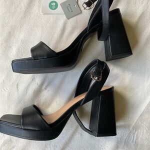 A New Day Black Sandals with Ankle Strap and Open Square Toe Chunky Heel